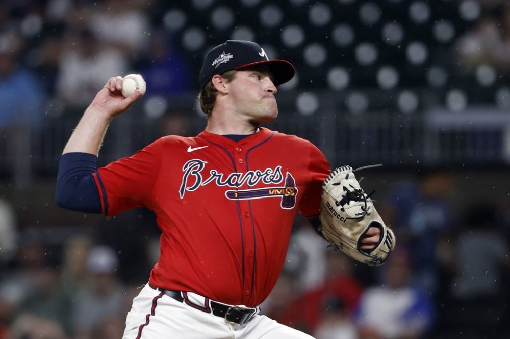 Atlanta Braves pitcher Bryce Elder throws during the first inning of a baseball game against the Philadelphia Phillies, Friday, June 27, 2025, in Atlanta. (AP Photo/Butch Dill)