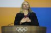 FILE -Kirsty Coventry reacts after she was announced as the new IOC President at the International Olympic Committee 144th session in Costa Navarino, western Greece, March 20, 2025. (AP Photo/Thanassis Stavrakis), File)