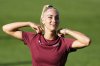 Switzerland's Alisha Lehmann adjusts her shirt during a training session of Switzerland's team ahead of their the Euro 2025, group A, soccer match with Norway, at St. Jakob-Park in Basel, Switzerland, Tuesday, July 1, 2025. (AP Photo/Martin Meissner)