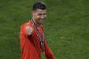 Portugal's Cristiano Ronaldo celebrates after winning the Nations League soccer championship at the Allianz Arena in Munich, Germany, Sunday, June 8, 2025. (AP Photo/Michael Probst)