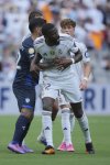 Real Madrid's Antonio Rudiger, front, gestures during the Club World Cup Group H soccer match between Real Madrid and CF Pachuca in Charlotte, N.C., Sunday, June 22, 2025. (AP Photo/Chris Carlson)