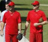 FILE - Boston Red Sox pitchers Tim Wakefield, left, and Mike Timlin walk back to the clubhouse following workouts at the team's baseball spring training facility in Fort Myers, Fla., Feb. 15, 2008. (AP Photo/Brita Meng Outzen, file)