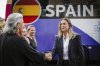 Spain's Alexia Putellas, right, of the women's national football team is welcomed by the Spanish Ambassador to Switzerland Maria Celsa Nuno Garcia at the Royal Savoy hotel in Lausanne, Switzerland, on the sidelines of the UEFA Women's Euro 2025, Sunday, June 29, 2025. (Gabriel Monnet/Keystone via AP)