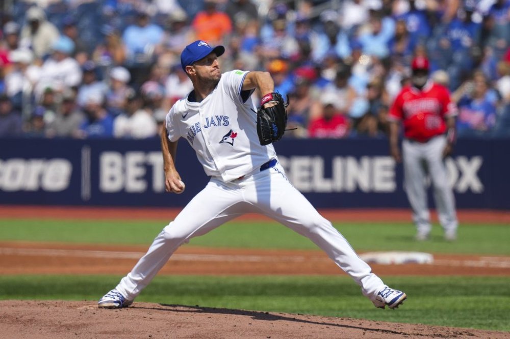 Toronto Blue Jays pitcher Max Scherzer (31) works against Los Angeles Angels during second inning MLB baseball action in Toronto, Saturday, July 5, 2025. THE CANADIAN PRESS/Chris Young