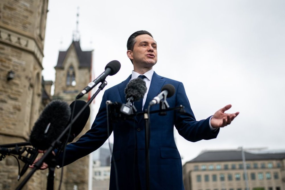 Conservative Leader Pierre Poilievre speaks to reporters outside West Block on Parliament Hill in Ottawa on Thursday, May 15, 2025. THE CANADIAN PRESS/Spencer Colby