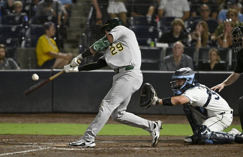 Athletics' Austin Wynns (29) hits a sacrifice fly during the 10th inning of a baseball game against the Tampa Bay Rays, Tuesday, July 1, 2025, in Tampa, Fla. (AP Photo/Jason Behnken)
