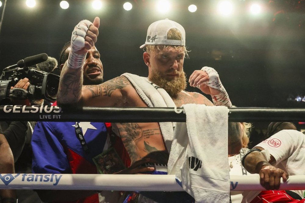 Jake Paul celebrates after his cruiserweight boxing match against Julio Cesar Chavez Jr. on Saturday, June 28, 2025, in Anaheim, Calif. (AP Photo/Etienne Laurent)