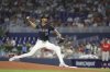 Miami Marlins starting pitcher Eury Pérez throws during the first inning of a baseball game against the Atlanta Braves, Saturday, June 21, 2025, in Miami. (AP Photo/Alexandra Rodriguez)