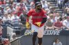 Cleveland Guardians' Carlos Santana watches his three-run home run off Cincinnati Reds starting pitcher Nick Lodolo during the third inning of a baseball game, Wednesday, June 11, 2025, in Cleveland. (AP Photo/Phil Long)