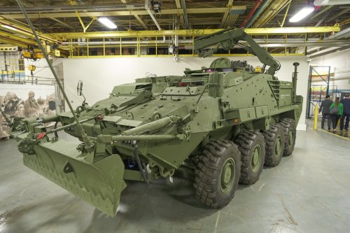 A variant of the Light Armoured Vehicles, similar to those ordered by the Canadian Armed Forces, sits inside the General Dynamics Land Systems-Canada factory in London, Ont., Friday, Aug. 16, 2019. THE CANADIAN PRESS/Geoff Robins
