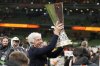 FILE - Atalanta's head coach Gian Piero Gasperini celebrates with Europa League trophy at the end of the Europa League final soccer match between Atalanta and Bayer Leverkusen at the Aviva Stadium in Dublin, Ireland, Thursday, May 23, 2024. Atlanta won 3-0. (AP Photo/Frank Augstein, File)