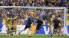 Auckland City's Christian Gray, center left, celebrates after scoring his side's opening goal during the Club World Cup Group C soccer match between Auckland City and Boca Juniors in Nashville, Tenn., Tuesday, June 24, 2025. (AP Photo/George Walker IV)
