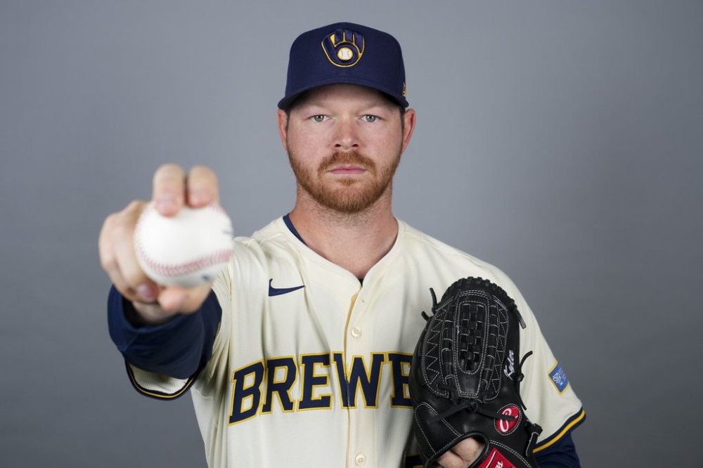 A Feb. 21, 2025 photo of pitcher Brandon Woodruff of the Milwaukee Brewers baseball team. (AP Photo/Lindsey Wasson)
