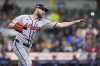 Atlanta Braves' Chris Sale throws to first base during the first inning of a baseball game against the Milwaukee Brewers, Monday, June 9, 2025, in Milwaukee. (AP Photo/Aaron Gash)