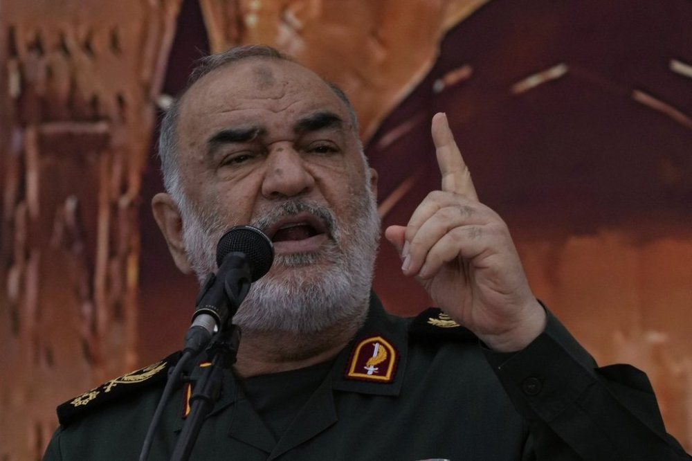Chief of Iran's paramilitary Revolutionary Guard Gen. Hossein Salami speaks in a ceremony marking the first anniversary of the death of late Iranian President Ebrahim Raisi, who was killed in a helicopter crash in the country's northwest along with the foreign minister and several other officials, in Tehran, Iran, Thursday, May 15, 2025. (AP Photo/Vahid Salemi)