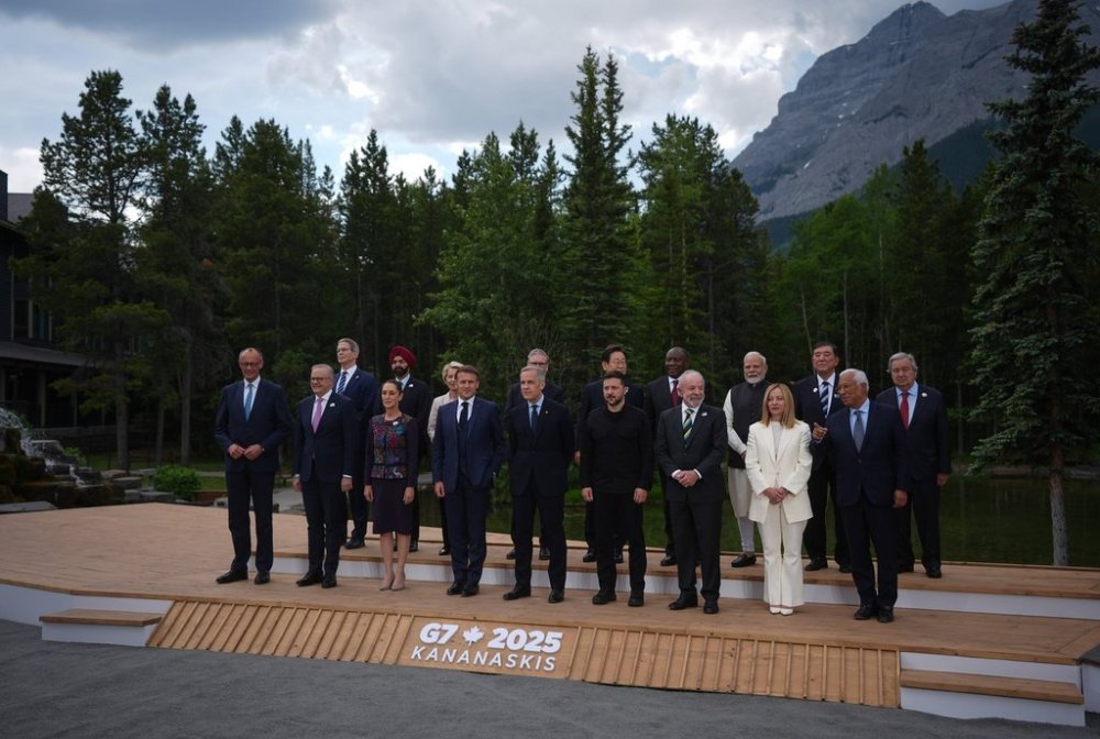 Canadian Prime Minister Mark Carney, front fifth from left, stands for the family photo with world leaders and invited guests during the G7 Summit in Kananaskis, Alta., on Tuesday, June 17, 2025. Pictured in the front row from left to right; German Chancellor Friedrich Merz, Australian Prime Minister Anthony Albanese, Mexican President Claudia Sheinbaum, French President Emmanuel Macron, Canadian Prime Minister Mark Carney, Ukrainian President Volodymyr Zelenskyy, Brazilian President Luiz Inacio Lula da Silva, Italian Prime Minister Giorgia Meloni and European Council President Antonio Costa. Pictured in the back row from left to right; U.S. Treasury Secretary Scott Bessent, World Bank President Ajay Banga President of the European Commission Ursula von der Leyen, British Prime Minister Keir Starmer, South Korean President Lee Jae-myung, South African President Cyril Ramaphosa, Indian Prime Minister Narendra Modi, Japanese Prime Minister Shigeru Ishiba, UN Secretary General Antonio Guterres and NATO secretary-general Mark Rutte. THE CANADIAN PRESS/Darryl Dyck