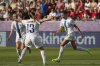 Finland 's Katariina Kosola, right, celebrates after scoring her side's first goal during the Euro 2025, group A, soccer match between Iceland and Finland at Arena Thun in Thun, Switzerland, Wednesday, July 2, 2025. (AP Photo/Alessandra Tarantino)