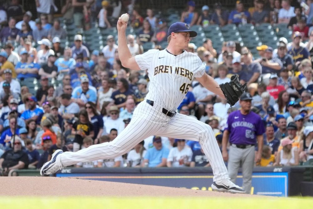 Milwaukee Brewers pitcher Quinn Priester (46) throws during the first inning of a baseball game against the Colorado Rockies Saturday, June 28, 2025, in Milwaukee. (AP Photo/Kayla Wolf)