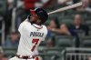Atlanta Braves Jurickson Profar (7) hits a solo home run against the Los Angeles Angels in the seventh inning of a baseball game, Wednesday, July 2, 2025, in Atlanta. (AP Photo/Mike Stewart)