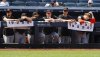 Baltimore Orioles players watch from the dugout railing during the seventh inning of a baseball game against the New York Yankees, Saturday, June 21, 2025, in New York. (AP Photo/Noah K. Murray)