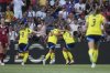Sweden's Filippa Angeldahl celebrates after scoring her side's first goal during the Euro 2025, group C, soccer match between Denmark and Sweden at Stade de Geneve in Geneva, Switzerland, Friday, July 4, 2025. (AP Photo/Alessandra Tarantino)