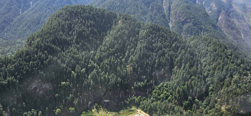A small plume of smoke, centre right, rises from a heavily-forested area near Hope, B.C., as shown from the air in a July 3, 2025, handout photo. Firefighters from the Hope Fire Department are receiving aid from B.C. Wildfire Service to fight the fire in the area. THE CANADIAN PRESS/Handout — BCWS (Mandatory Credit)