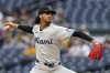 Miami Marlins pitcher Eury Perez delivers during the first inning of a baseball game against the Pittsburgh Pirates, Monday, June 9, 2025, in Pittsburgh. (AP Photo/Matt Freed)