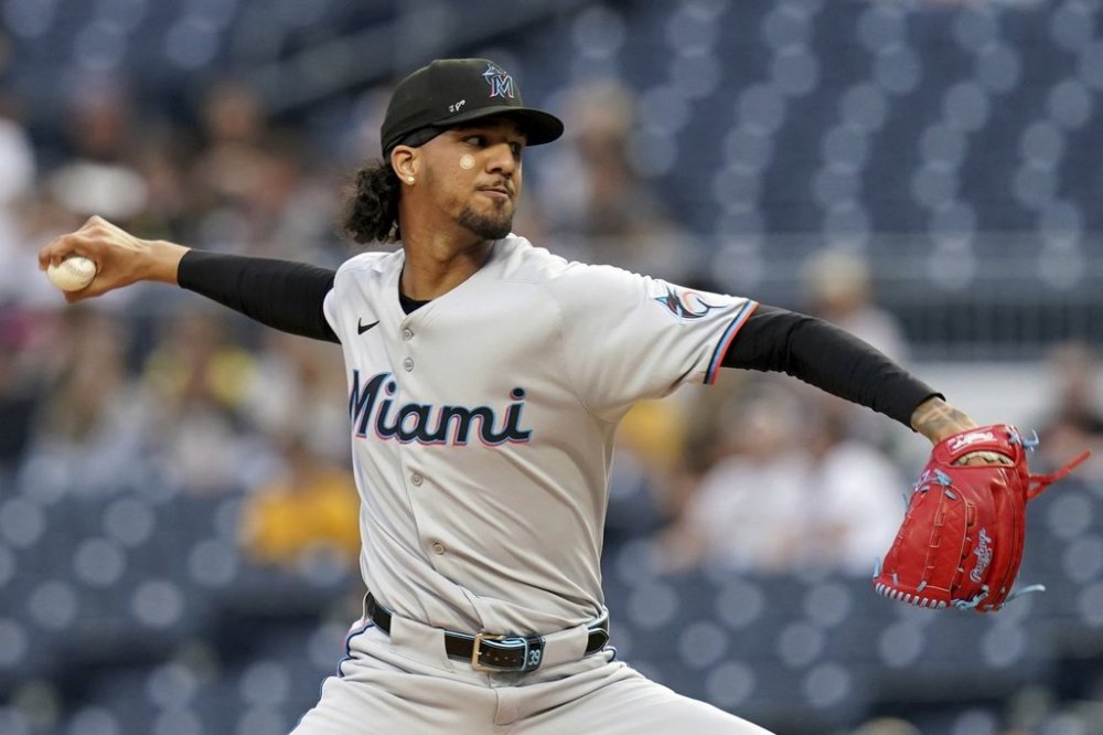 Miami Marlins pitcher Eury Perez delivers during the first inning of a baseball game against the Pittsburgh Pirates, Monday, June 9, 2025, in Pittsburgh. (AP Photo/Matt Freed)