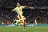 Spain's Martin Zubimendi celebrates scoring his side's opening goal during the Nations League final soccer match between Portugal and Spain at the Allianz Arena in Munich, Germany, Sunday, June 8, 2025. (AP Photo/Martin Meissner)