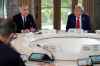 President Donald Trump, right, and Canada's Prime Minister Mark Carney participate in a session of the G7 Summit, Monday, June 16, 2025, in Kananaskis, Canada. (AP Photo/Mark Schiefelbein)