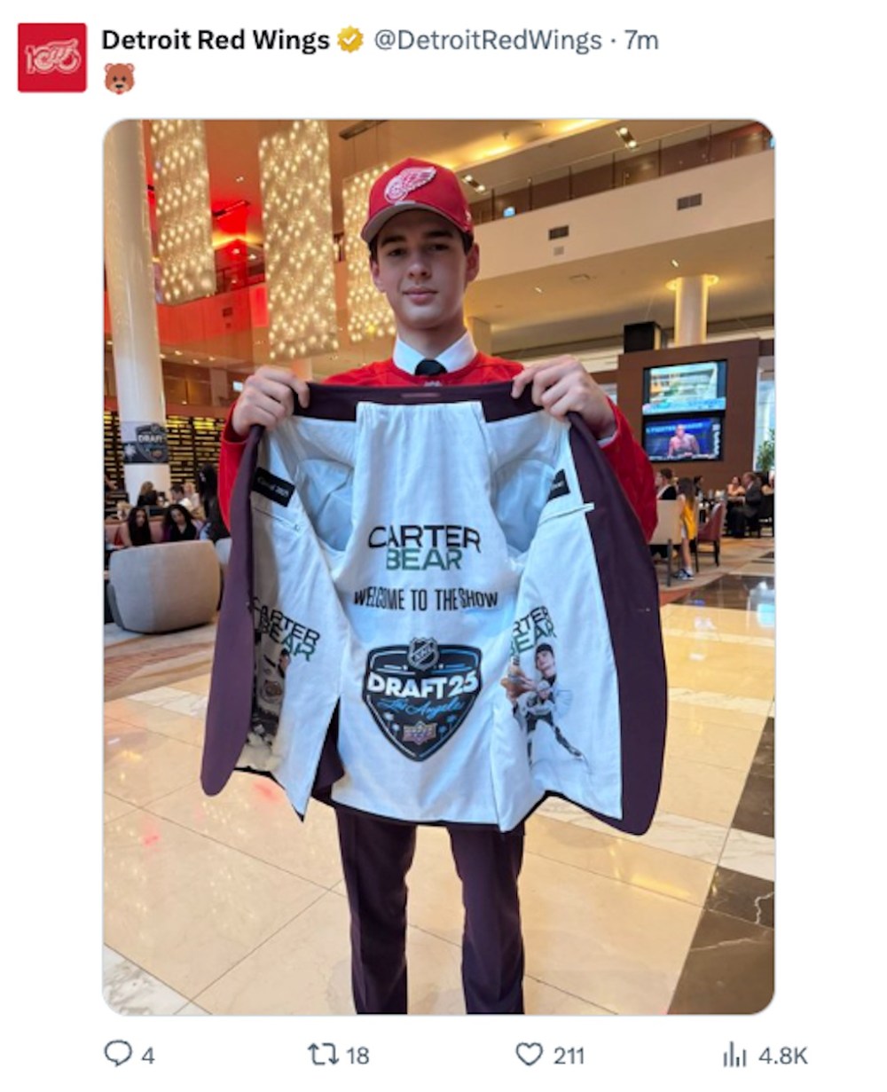 Detroit Red Wings
Peguis First Nation's Carter Bear was selected 13th-overall by the Detroit Red Wings at the NHL draft in Los Angeles, Friday.