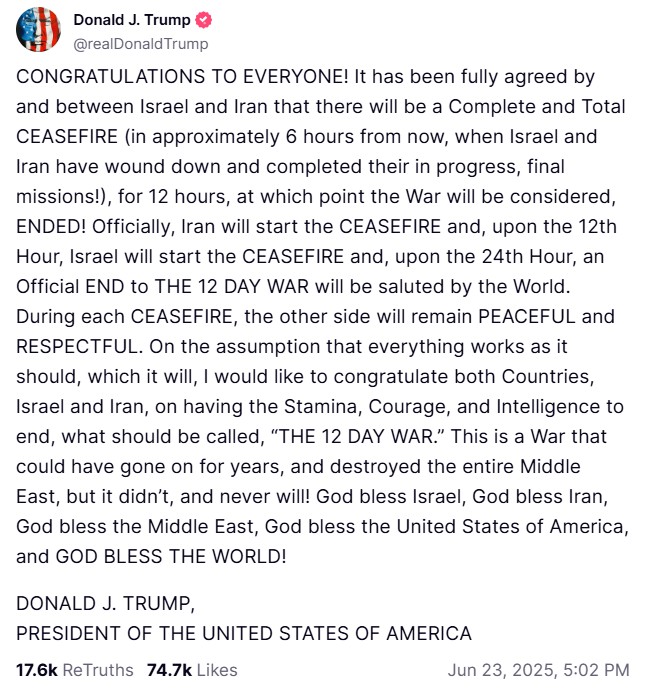 Trump posted on Truth Social that the 24-hour phased-in ceasefire will begin at approximately midnight Tuesday eastern time. (Truth Social)