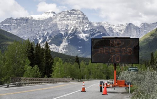 A road sign warning of no access to the site of the G7 leaders' summit is pictured in Kananaskis, Alta., Monday, June 2, 2025.THE CANADIAN PRESS/Jeff McIntosh