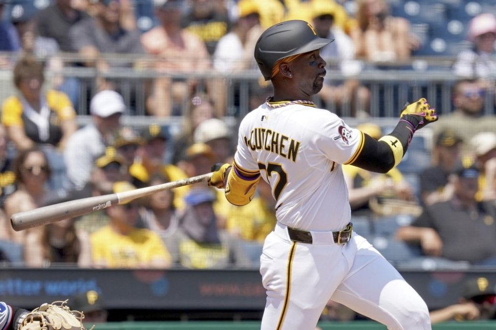 Pittsburgh Pirates' Andrew McCutchen watches his three-run home run during the fifth inning of a baseball game against the Miami Marlins, Wednesday, June 11, 2025, in Pittsburgh. (AP Photo/Matt Freed)