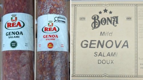 Seven people have been hospitalized after eating salami recalled due to possible salmonella in Ontario and Alberta. The Public Health Agency of Canada released a notice Wednesday stating people got sick after eating Rea brand Genoa Salami Sweet, Rea brand Genoa Salami Hot and Bona brand Mild Genova Salami. Labels from the products are seen in this June 10, 2025, composite of handout images. THE CANADIAN PRESS/HO-Canadian Food Inspection Agency **MANDATORY CREDIT**