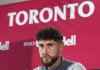 FILE - Jonathan Osorio, midfielder and captain of Toronto FC, speaks to the media during an MLS soccer news conference in Toronto, Oct. 17, 2024. (Nathan Denette/The Canadian Press via AP, File)