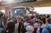 People cheer as a convoy of buses made up of activists, lawyers and medical professionals from North Africa depart from Tunisia to Gaza to break Israel's blockade on the territory, in Gabes, Tunisia, Monday, June 9, 2025. (AP Photo)
