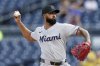Miami Marlins pitcher Sandy Alcantara delivers during the first inning of a baseball game against the Pittsburgh Pirates, Tuesday, June 10, 2025, in Pittsburgh. (AP Photo/Matt Freed)