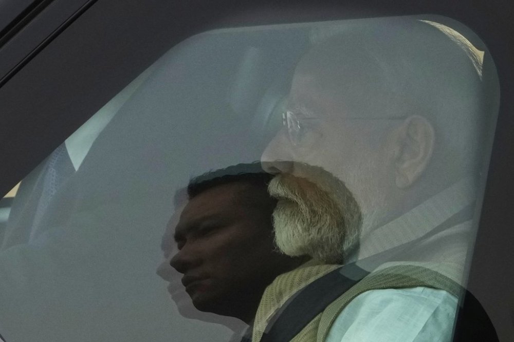 Indian Prime Minister Narendra Modi arrives to receive visiting Angolan President João Lourenco at the Indian presidential palace in New Delhi, India on Saturday, May 3, 2025. (AP Photo/Manish Swarup)