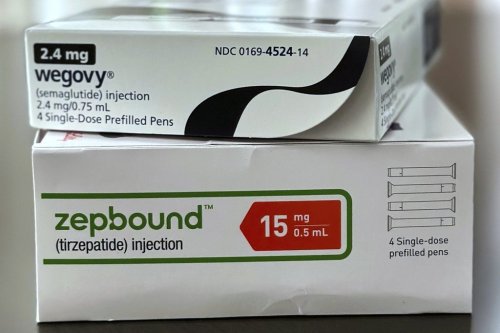 FILE - Boxes for the medications Wegovy and Zepbound are arranged for a photograph in California on Thursday, May 8, 2025. (AP Photo/JoNel Aleccia, File)