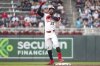 Minnesota Twins' Byron Buxton celebrates his double against the Texas Rangers during the fifth inning of baseball game Wednesday, June 11, 2025, in Minneapolis. (AP Photo/Matt Krohn)