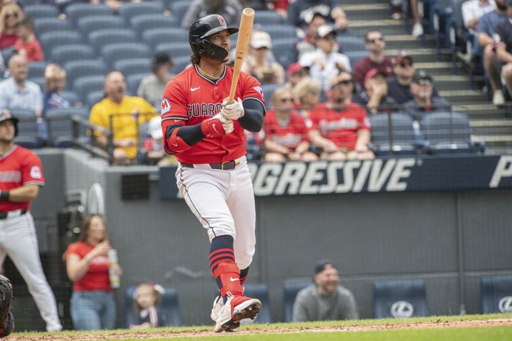 Cleveland Guardians' Bo Naylor watches his two-run home run off Houston Astros starting pitcher Brandon Walter during the second inning of a baseball game, Sunday June 8, 2025, in Cleveland. (AP Photo/Phil Long)
