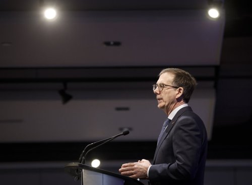 Governor of the Bank of Canada Tiff Macklem delivers a speech at a Calgary Economic Development event in Calgary, Alta., Thursday, March 20, 2025. THE CANADIAN PRESS/Jeff McIntosh