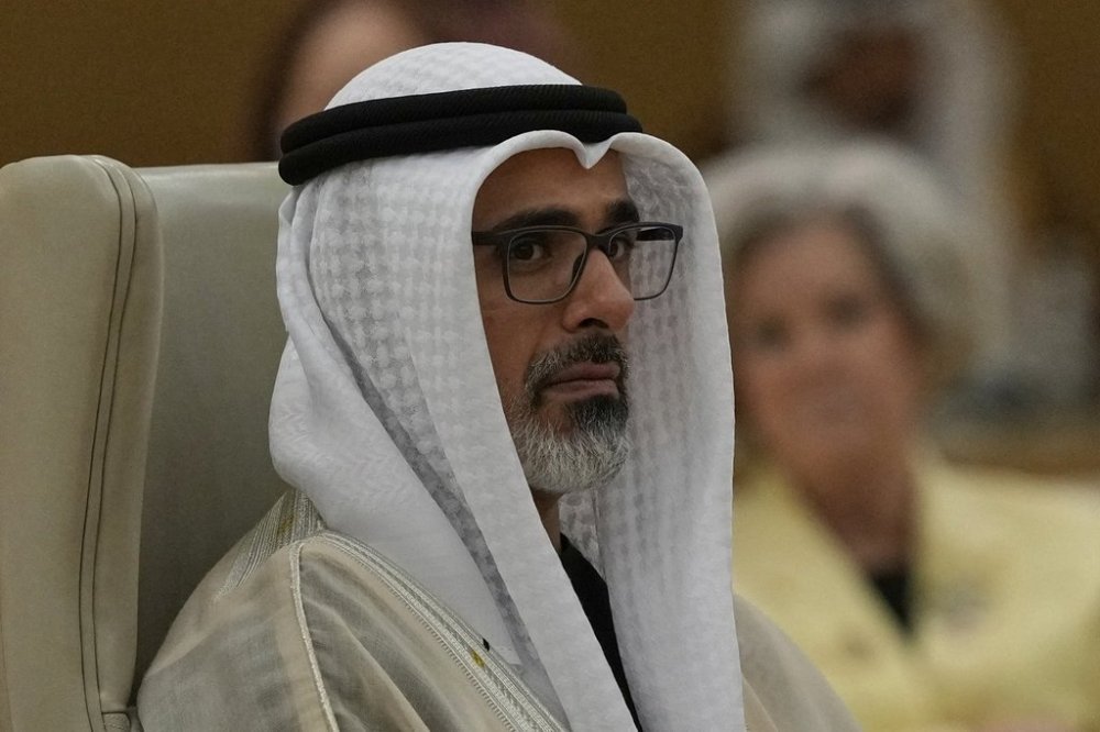 United Arab Emirates Crown Prince Sheikh Khaled bin Mohamed bin Zayed Al Nahyan listens to President Donald Trump speaking during the Gulf Cooperation Council (GCC) Summit in Riyadh, Saudi Arabia on Wednesday, May 14, 2025. (AP Photo/Alex Brandon)