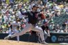 Cleveland Guardians pitcher Slade Cecconi throws to the Athletics during the first inning of a baseball game Sunday, June 22, 2025, in West Sacramento, Calif. (AP Photo/Sara Nevis)