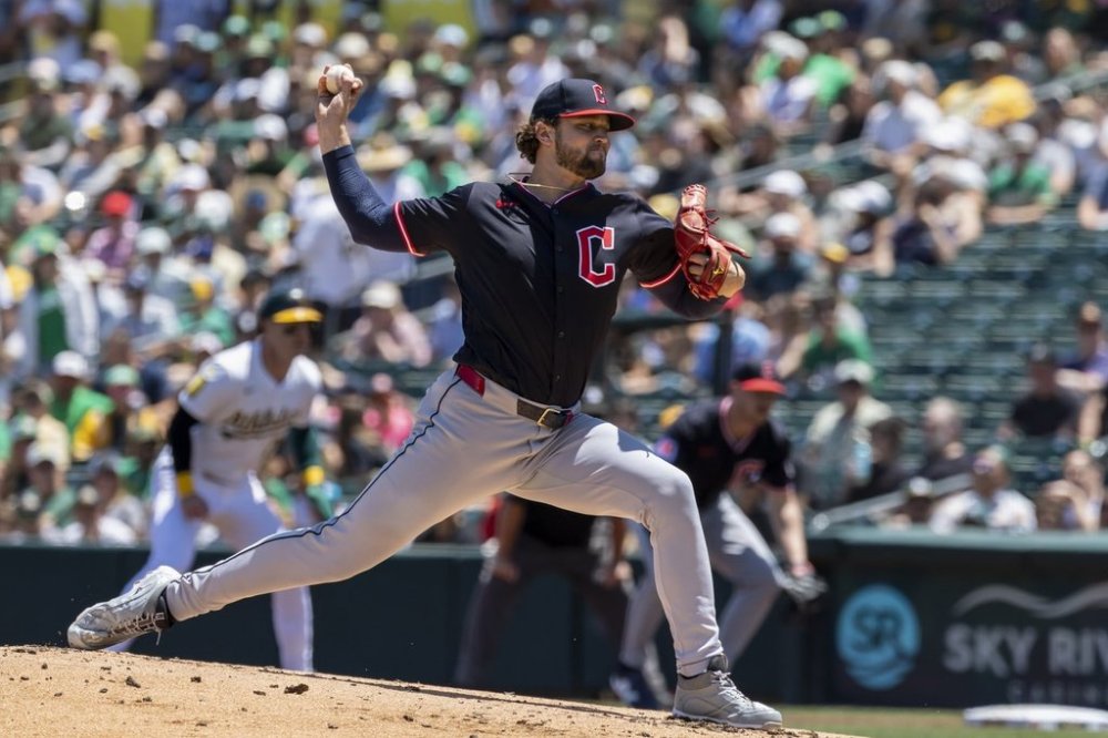 Cleveland Guardians pitcher Slade Cecconi throws to the Athletics during the first inning of a baseball game Sunday, June 22, 2025, in West Sacramento, Calif. (AP Photo/Sara Nevis)