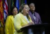 AFN National Chief Cindy Woodhouse Nepinak, middle, takes part in a press conference with Chair of the B.C. First Nations Justice Council Kory Wilson (Hemas Kla-Lee-Lee-Kla), left back, and Regional Chief Terry Teegee on Parliament Hill in Ottawa on Wednesday, June 11, 2025. THE CANADIAN PRESS/Sean Kilpatrick