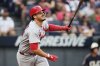St. Louis Cardinals' Nolan Arenado watches his double in the sixth inning of a baseball game against the Cleveland Guardians in Cleveland, Friday, June 27, 2025. (AP Photo/Sue Ogrocki)