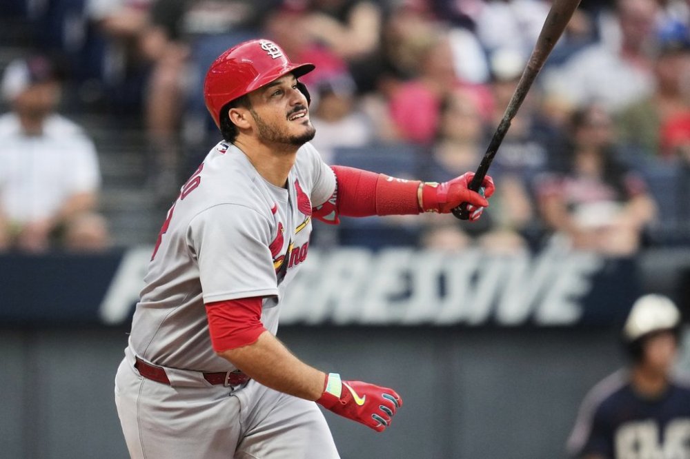 St. Louis Cardinals' Nolan Arenado watches his double in the sixth inning of a baseball game against the Cleveland Guardians in Cleveland, Friday, June 27, 2025. (AP Photo/Sue Ogrocki)