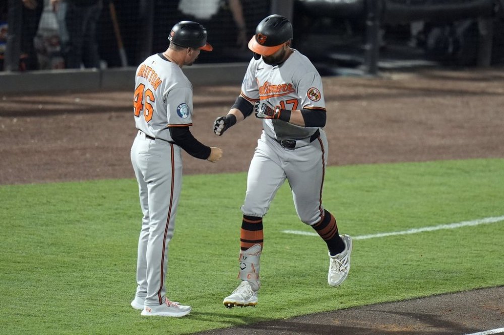 Baltimore Orioles' Colton Cowser (17) celebrates with interim third base/infield coach Buck Britton (46) after his solo home run off Tampa Bay Rays pitcher Zack Littell during the fifth inning of a baseball game Tuesday, June 17, 2025, in Tampa, Fla. (AP Photo/Chris O'Meara)